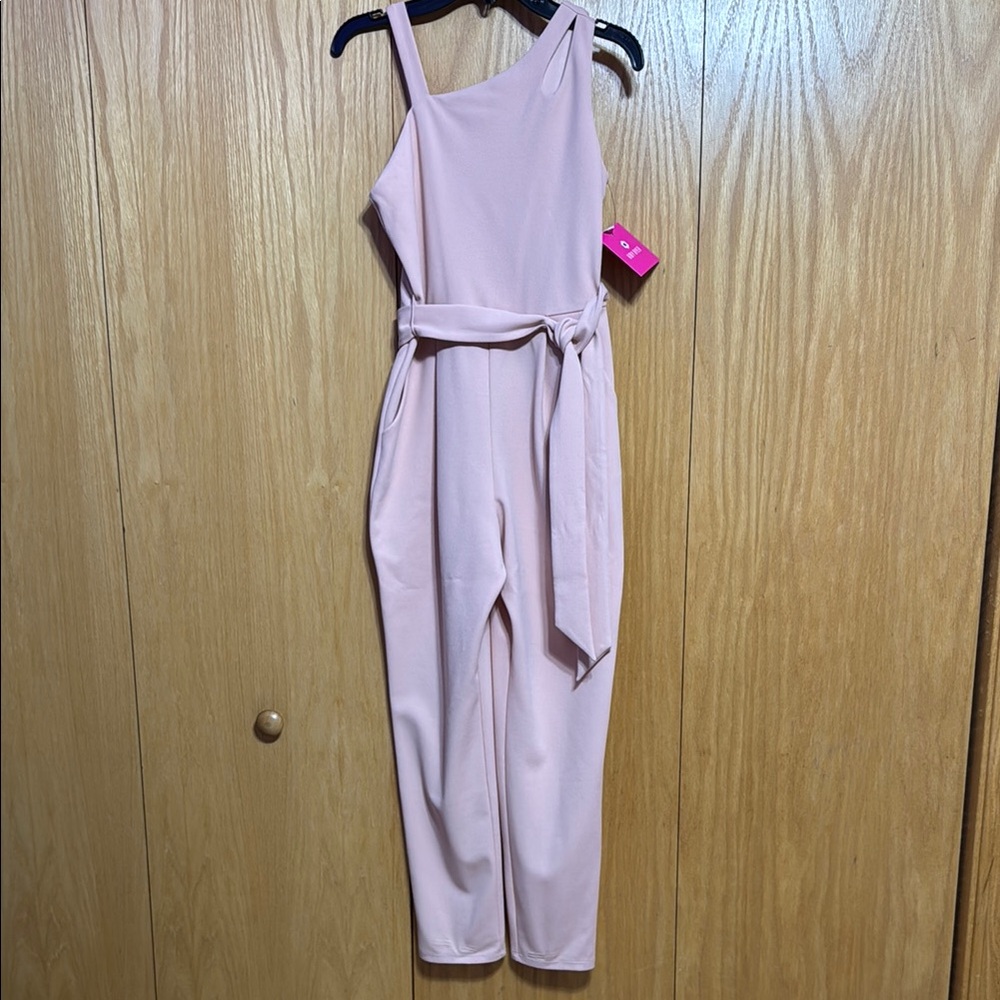 Amy Byer Blush Pink Jumpsuit with Wide-Leg Design, Pockets and Tie Waist